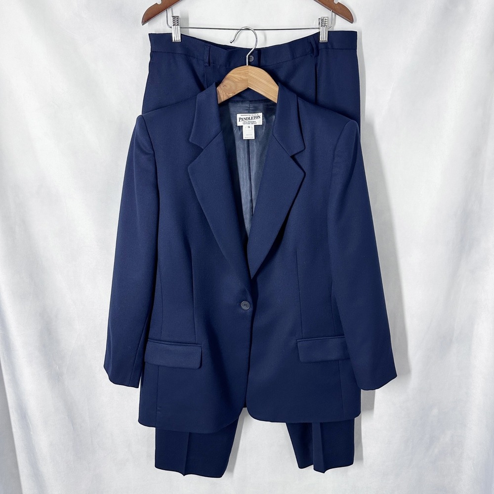 Pendleton 100% Virgin Wool Navy Blue Classic Blazer & Pant Suit Women's Size 18